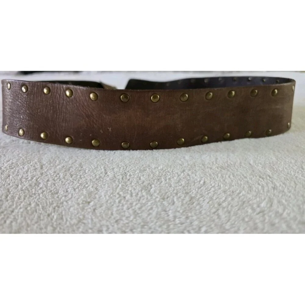 Womens Y2K Vintage Belt Brown Leather Round Brass Medallion Buckle Calvin Klein - Picture 3 of 7